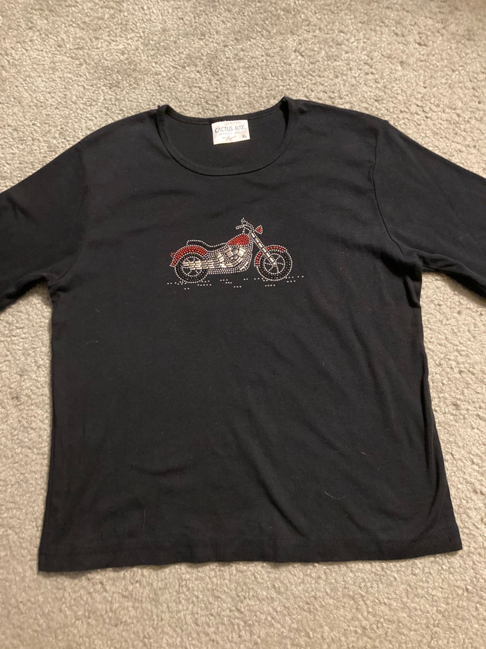 Cactus Bay Black Rhinestone Motorcycle Tee Woman’s size XL.